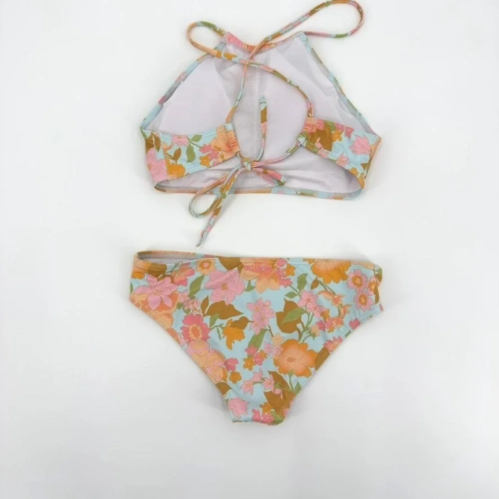 Billabong Girls Floral Bikini Set Retro High Neck Halter Two Piece Swimsuit